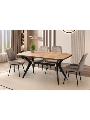 Viento Mobilya Anka Diş Budak Açılır 160X90 Masa 8 Adet Babyface Kumaş Metal Ayak Fulya Sandalye Masa Takımı