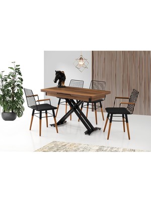 Viento Mobilya Silva Barok Ceviz Desen Açılır 120X70 Masa 4 Adet Suni Deri Metal Nehir Sandalye Masa Takımı