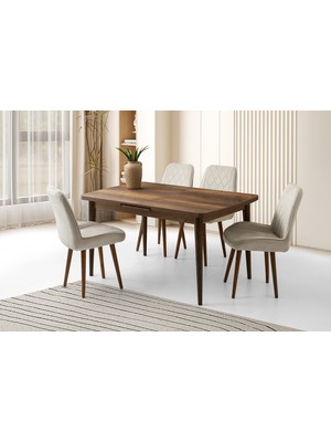 Viento Mobilya Silva Barok Ceviz Desen Açılır 130X80 Masa 4 Adet Babyface Ahşap Ayak Fulya Sandalye Masa Takımı