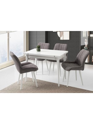 Viento Mobilya Kıvılcım Beyaz Renk Yanlara Açılır 100X65 Masa 4 Adet Bukle Kumaş Ahşap Ayak Fulya Sandalye Masa Takımı