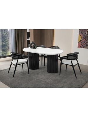 Viento Mobilya Orkide Kar Beyaz Highgloss Sabit 160X90 Masa 8 Adet Bukle Kumaş Ahşap Gazel Sandalye Masa Takımı