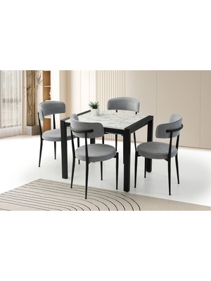Viento Mobilya Tuğra Beyaz Mermer Desen Ayaktan Açılır 80X70 Masa 4 Adet Bukle Kumaş Metal Gözde Sandalye Masa Takımı