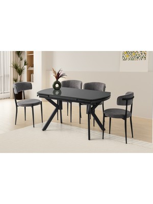 Viento Mobilya Still Koyu Gri Highgloss Yanlardan Açılır 130X80 Masa 6 Adet Bukle Kumaş Metal Gözde Sandalye Masa Takımı
