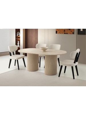 Viento Mobilya Pamukkale Sidon Sabit 180X90 Masa 8 Adet Pufy Kumaş Ahşap Iskelet Masal Sandalye Masa Takımı