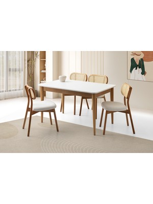 Viento Mobilya Fidan Beyaz Naturel Etek Açılır 130X80 Masa 4 Adet Bukle Kumaş Ahşap Paris Sandalye Masa Takımı