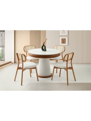 Viento Mobilya Palermo Beyaz Etek Naturel Açılır 100X100 Masa 4 Adet Bukle Kumaş Ahşap Paris Sandalye Masa Takımı