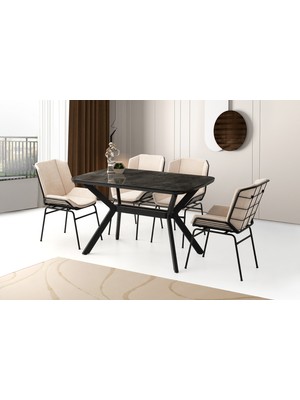 Viento Mobilya Anka Irony Highgloss Açılır 130X80 Masa 6 Adet Bukle Kumaş Metal Yonca Sandalye Masa Takımı