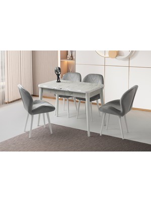 Viento Mobilya Kelebek Kütük Marmo Desen Highgloss Açılır 120X70 4 Adet Porto Babyface Kumaş Metal Ayak Sandalye Masa Takımı