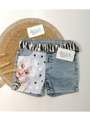 Resimli Denim Kız Şortu Beyaz - 3 Yaş