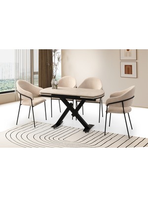 Viento Mobilya Still Sidon Desen Yanlardan Açılır 130X80 Masa 6 Adet Bukle Kumaş Metal Evrim Sandalye Masa Takımı