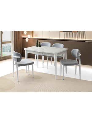 Viento Mobilya Kelebek Tekno Marmo Highgloss Açılır 120X70 Masa 4 Adet Bukle Kumaş Metal Siesta Sandalye Masa Takımı