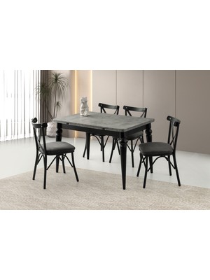 Viento Mobilya Arda Retro Gümüş Desen Yanlardan Açılır 120X80 Masa 4 Adet Babyface Metal Çapraz Sandalye Masa Takımı