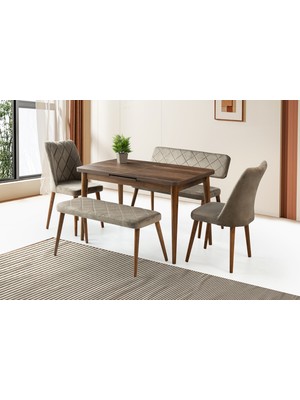 Viento Mobilya Silva Barok Ceviz Desen Açılır 120X70 Masa 6 Kişilik Babyface Nova Bench Takımı Masa Takımı