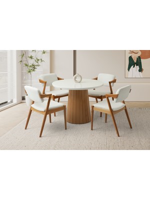 Viento Mobilya Orkide Kar Beyaz Highgloss Sabit 100X100 Masa 4 Adet Bukle Kumaş Ahşap Rody Sandalye Masa Takımı