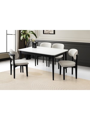 Viento Mobilya Fidan Beyaz Siyah Etek Açılır 140X90 Masa 4 Adet Bukle Kumaş Ahşap Nergis Sandalye Masa Takımı