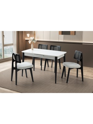 Viento Mobilya Milano Beyaz Renk Açılır 120X70 Masa 4 Adet Bukle Kumaş Ahşap Kuzey Sandalye Masa Takımı