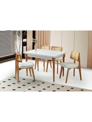 Viento Mobilya Smart Beyaz Renk Yanlardan Açılır 110X70 Masa 6 Adet Bukle Kumaş Ahşap Kuzey Sandalye Masa Takımı
