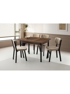 Viento Mobilya Smart Barok Ceviz Desen Yanlardan Açılır 110X70 Masa 4 Adet Babyface Metal Esinti Sandalye Masa Takımı