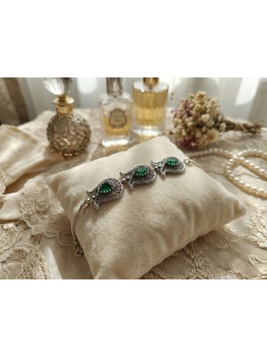 Arvenia Silver Lale Motifli Yeşil Zirkon Taşlı Markazitli Telkari Kadın 925 Ayar Gümüş Bileklik