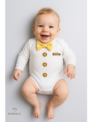 Babyden's Minik Patron Papyonlu Bebek Body ,düğme Deseni Baskılı, Erkek Bebek Uzun Kollu Çıtçıtlı Body Pamuklu