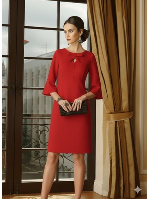 Nake Butik Kadın Kırmızı Midi Boy Şık Elbise – Fiyonk Detaylı