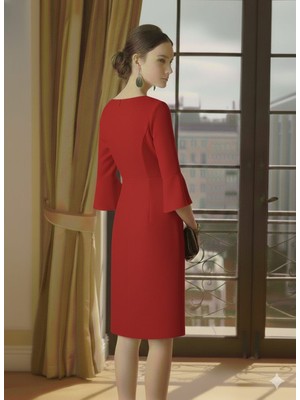 Nake Butik Kadın Kırmızı Midi Boy Şık Elbise – Fiyonk Detaylı