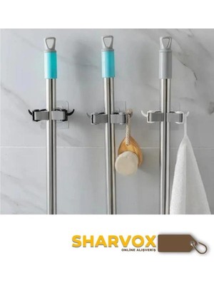 Sharvox 3'lü Set Çok Amaçlı Mob Askısı Sap Tutucu Mutfak ve Banyo Askısı Paspas,süpürge