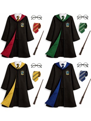 Harry Potter Kostüm Cübbe Seti Kostüm + Asa + Gözlük + Kravat