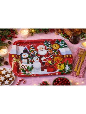 Atagift Hediyelik Yılbaşı Temalı Kırmızı Metal Tepsi – Happy New Year Desenli Çay Kahve ve Ikram Sunum Tepsisi Küçük Boy 25 x 16  cm