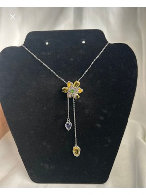 Huma Butik Takı Aksesuar Sarı ve Yeşil Taşlı Çiçek Figürlü Asansörlü Y Kolye – Gümüş Renk Kadın Kolye
