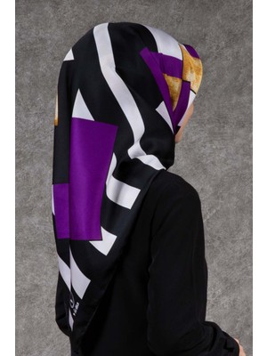 Violla Twill Çizgili ve Gold Desenli Siyah - Mor Renkli 90X90 Eşarp (Ipek Içermez) Kenar Dikiş Şekli El Dik