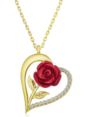 Stumbanng 925 Ayar ​gümüş Gold Kalpli Kırmızı Gül Kadın Gümüş Kolye