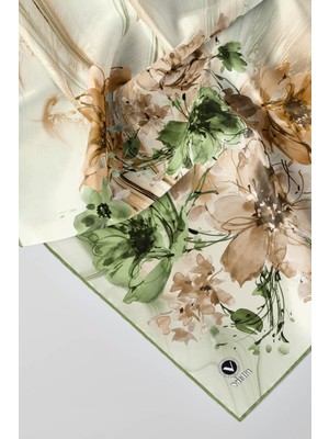Violla Twill Çiçek Desenli Haki Renkli 90X90 Eşarp (Ipek Içermez) Kenar Dikiş Şekli El Dikişli