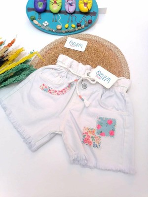 Lilitop Yama Desen Beli Büzgülü Şort Beyaz - 4-5 Yaş