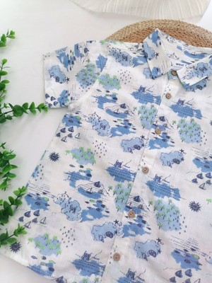West Yelken Baskı Keten Gömlek&denim&şortlu 2'li Takım Mavi - 5-6 Yaş