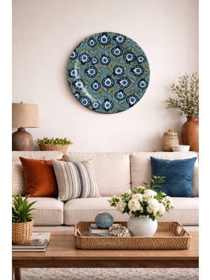 Atagift Hediyelik Nazar Desenli Metal Duvar Dekoru – Mavi Tonlarda Yuvarlak Dekoratif Duvar Tabağı 25 cm