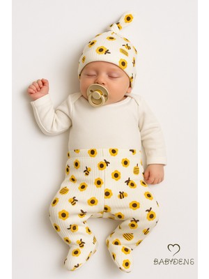 Babyden's Arı ve Çiçek Desenli 3’lü Yenidoğan Set Uzun Kollu Çıtçıtlı Body,patikli Pantolon, Bere %100 Pamuklu