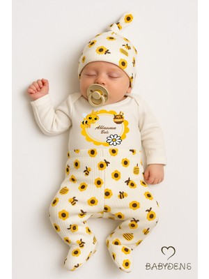 Babyden's Ablasının Balı Yazılı 3'lü Yenidoğan Takımı Arı Desenli Patikli Alt,bere,çıtçıtlı Uzun Kollu Body
