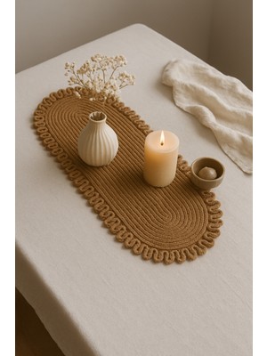 Efuliz Home Doğal Jüt, Desenli, Hasır, Amerikan Servis, Masa, Sehpa Örtüsü Runner. 30X80