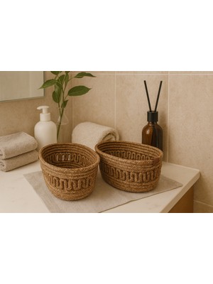 Efuliz Home Jüt Hasır Desenli 2'li Oval Sepet,düzenleyici-Organizer-Banyo-Saklama Sepeti,ekmek-Çeyizlik Sepet
