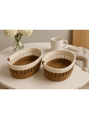 Efuliz Home Jüt Hasır Desenli 2'li Oval Sepet,düzenleyici-Organizer-Banyo-Saklama Sepeti,ekmek-Çeyizlik Sepet