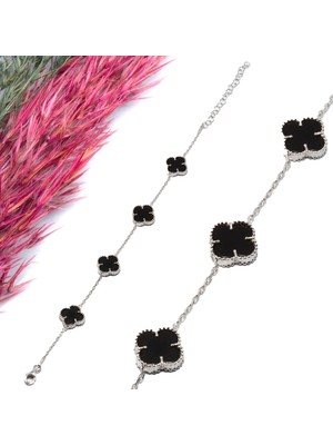 Canka Siyah Taşlı Yonca Gümüş Bileklik