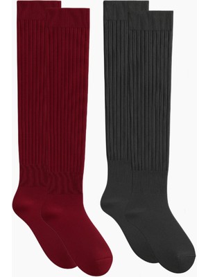 Cotenconcept 2 Çift Basic Lastikli Kalın Pamuk Karışımlı Diz Üstü Çorap