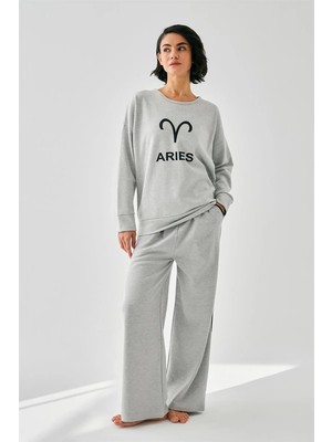 Moda Şahsenem Moda Kadın Gri Koç Burcu Oversize 2 Iplik Eşofman Ev Giyim Takımı