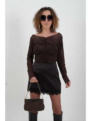 Zelish My Sister Kahve Önü Büzgülü Simli Tül Bluz