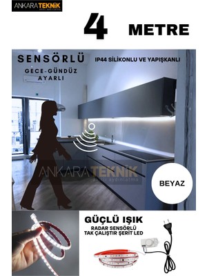 Ankara Teknik Hareket Sensörlü 220 Volt Silikonlu Beyaz Renk Şerit LED (120 Ledli) / Tak Çalıştır / 4 Metre