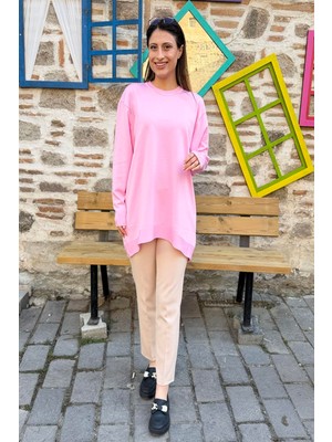 Bisiklet Yaka Rahat Kesim Triko Tunik – Pembe