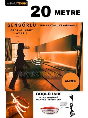 Ankara Teknik Hareket Sensörlü 220 Volt Silikonlu Amber Renk Şerit LED (120 Ledli) / Tak Çalıştır / 20 Metre