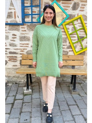 V Desenli Oversize Triko Tunik - Fıstık Yeşili