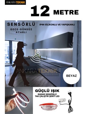 Hareket Sensörlü 220 Volt Silikonlu Beyaz Renk Şerit LED (120 Ledli) / Tak Çalıştır / 12 Metre